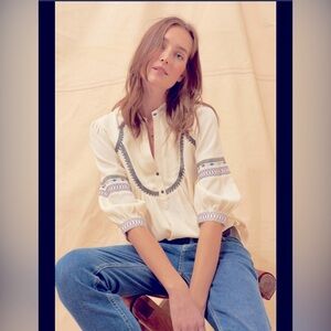 Boho Embroidered Cream Peasant Blouse